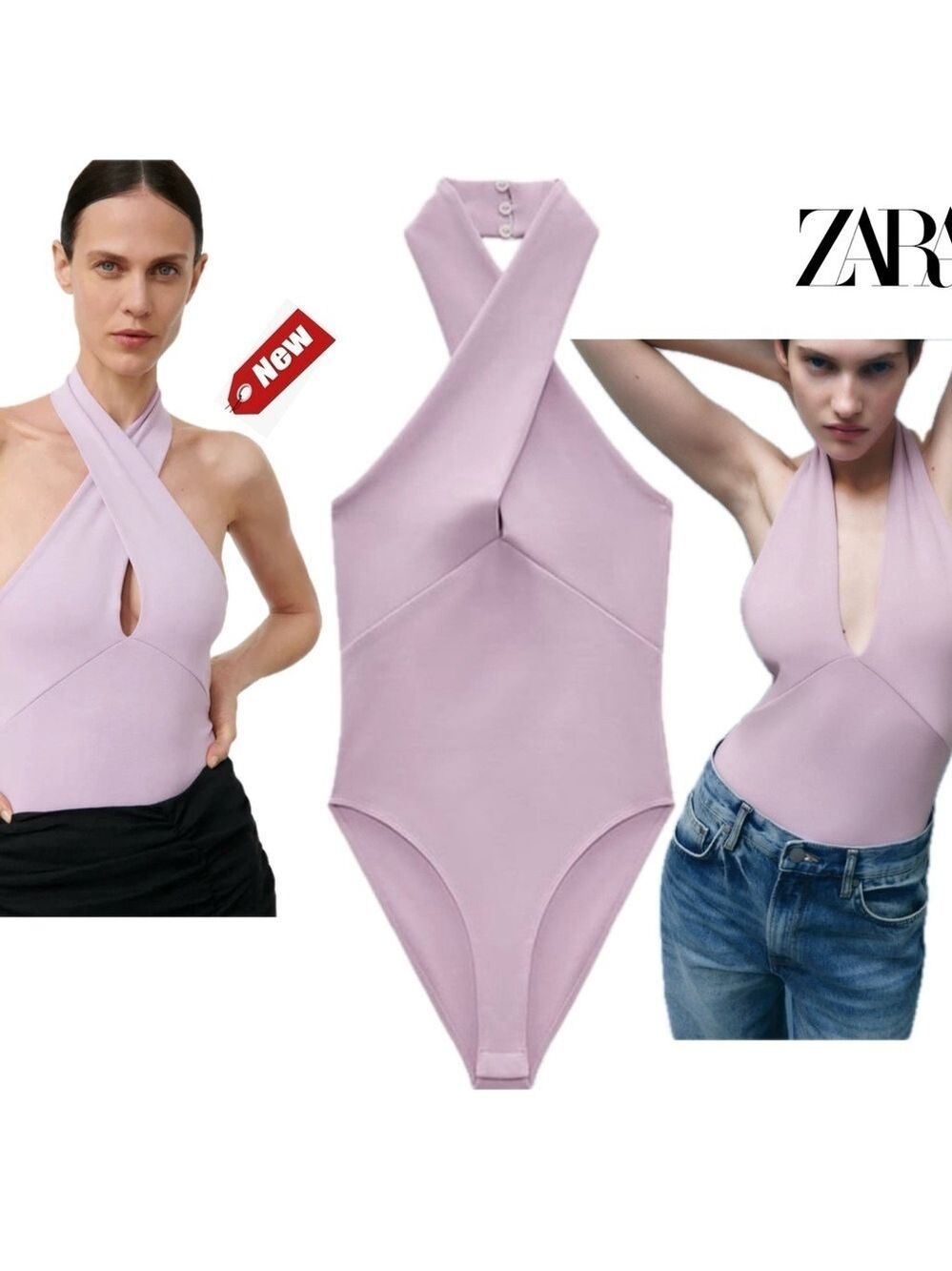 Zara lilac purple deep V plunge front twist halter bodysuit Sz M NWT